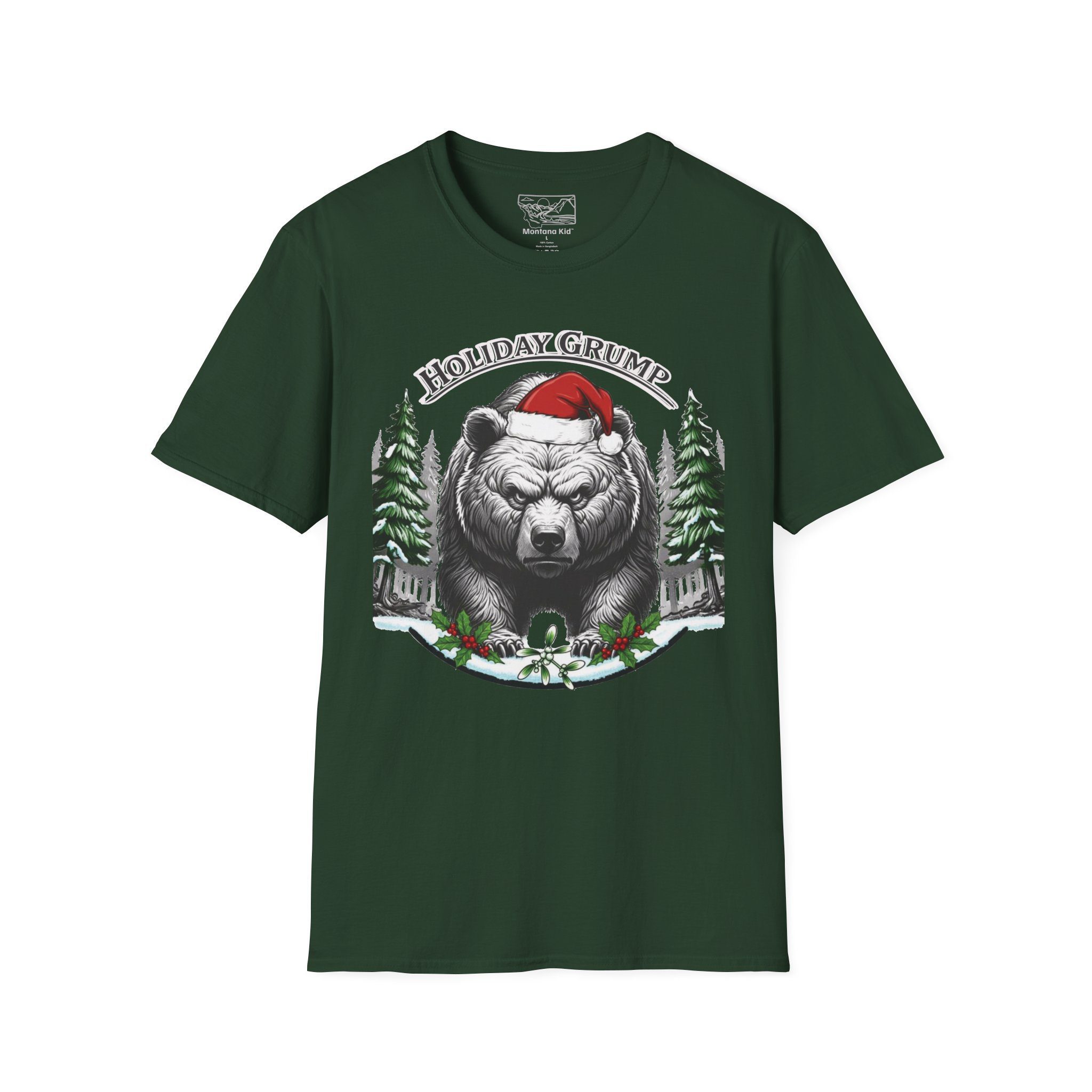 "Holiday Grump" Grizzly Tee - Adult - Unisex - Forest Green, 2XL – Colors: Forest Green, Sizes: 2XL – by Montana Kid