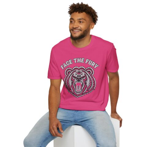 Face the Fury Tee in Heliconia — grizzly graphic product mockup 3
