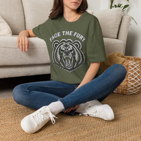 Face the Fury Tee in Military Green — grizzly graphic product mockup 2