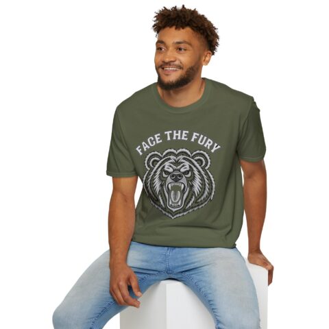 Face the Fury Tee in Military Green — grizzly graphic product mockup 3