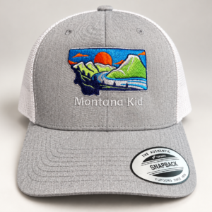 Rugged Hauler Hat — Unisex in Heather Grey/White, front with embroidered Montana Kid patch