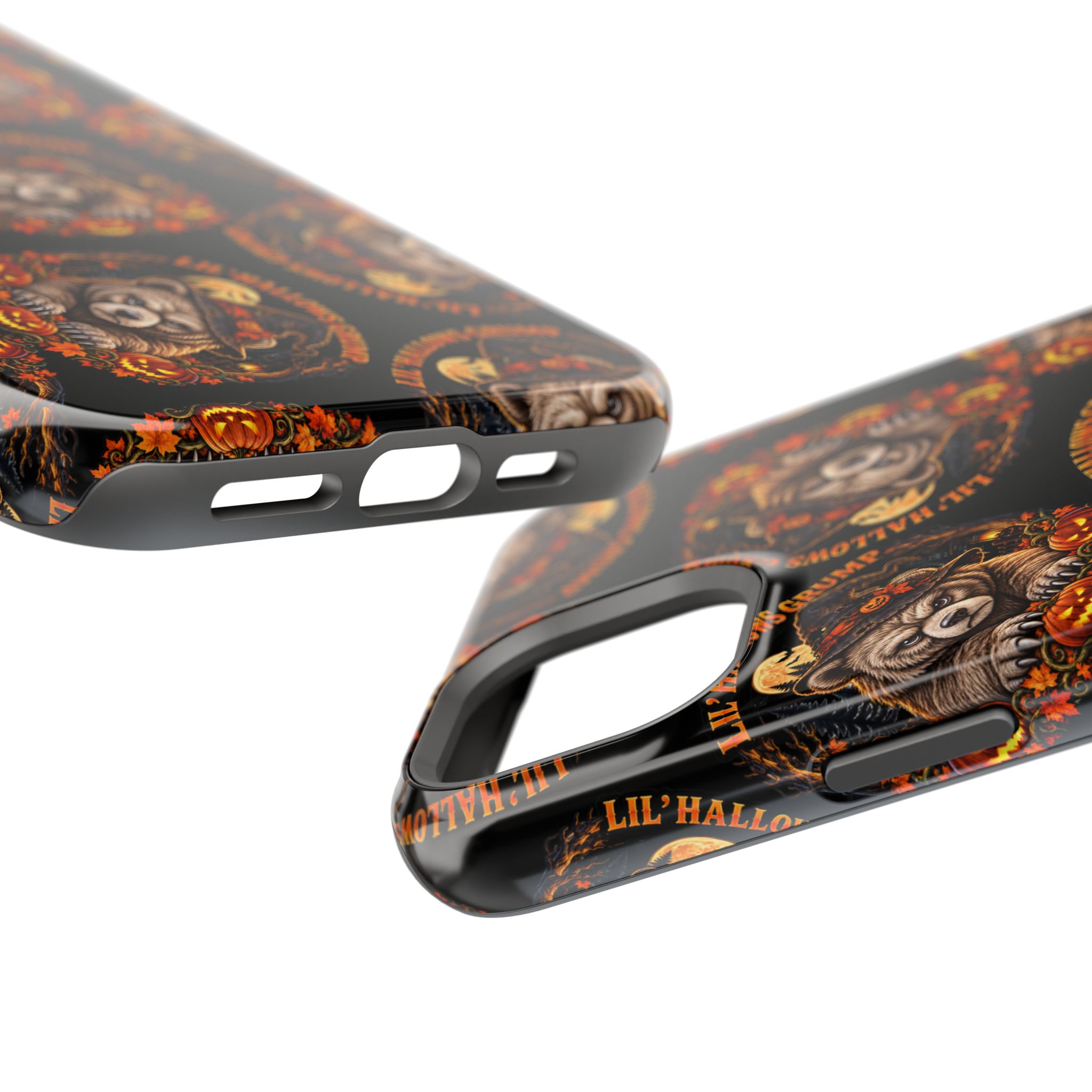 Lil' Hallows Grump Mag Phone Case, close-up of the raised edges and button cutouts