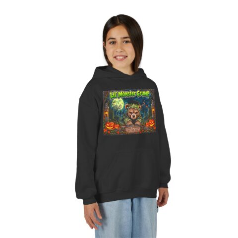 Lil’ Monster Grump Hoodie in Black, worn, front view