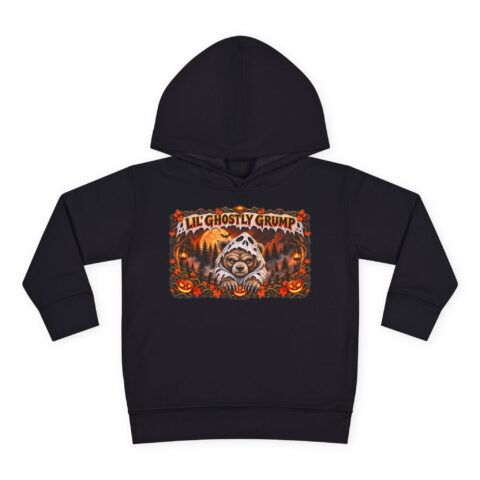 Lil’ Ghostly Grump Hoodie in Black, laid flat