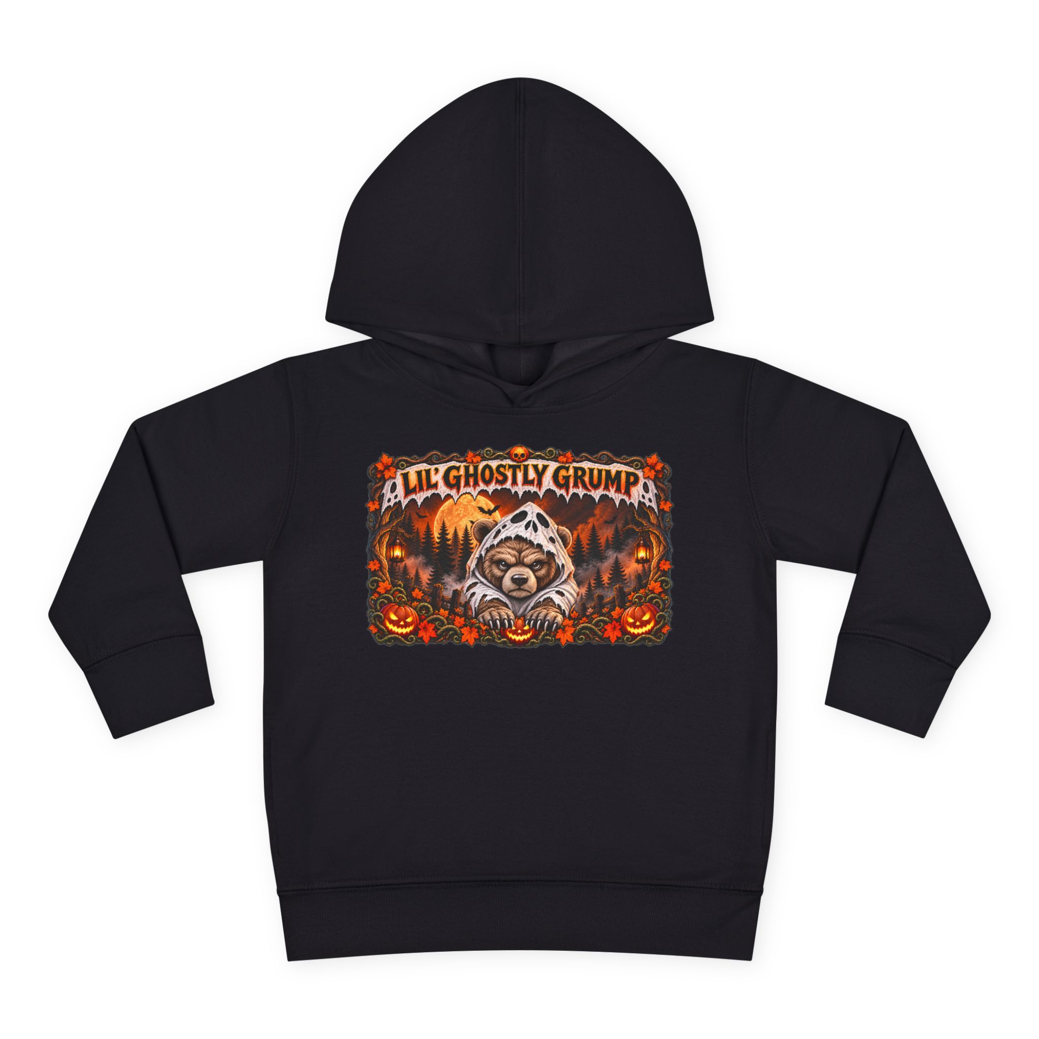 Lil’ Ghostly Grump Hoodie in Black, laid flat