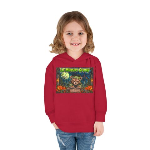 Lil’ Monster Grump Hoodie in Vintage Red, worn, front view, second model