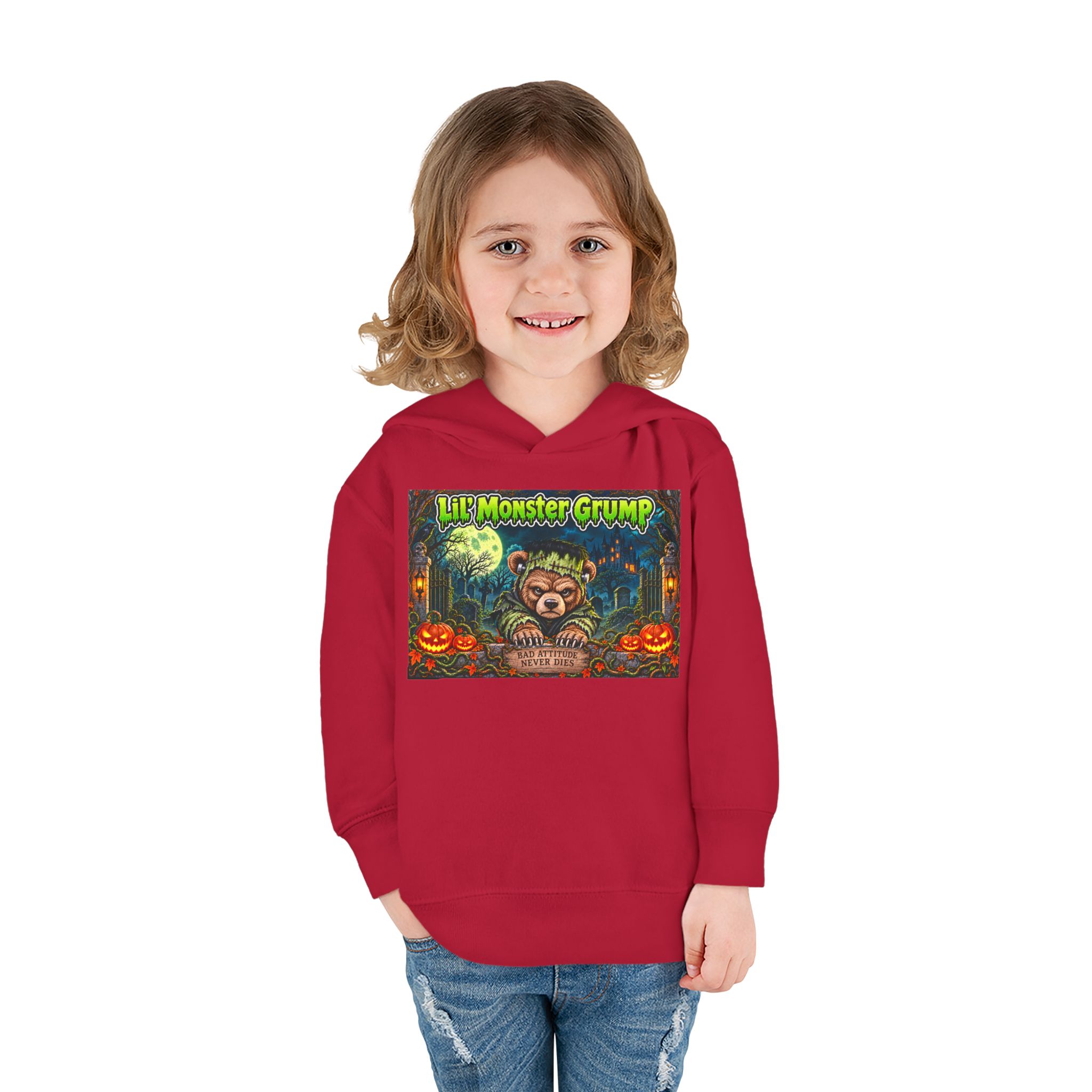 Lil’ Monster Grump Hoodie in Vintage Red, worn, front view, second model