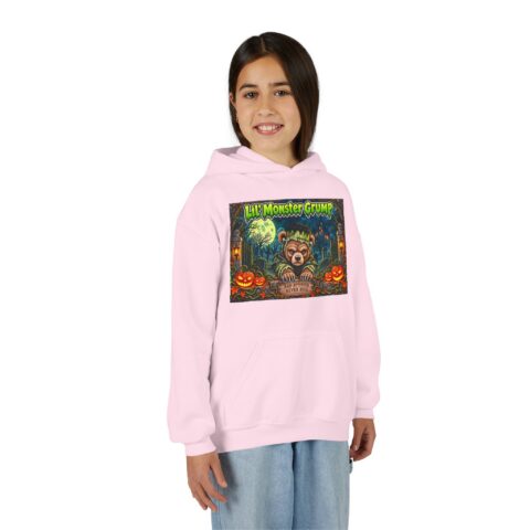 Lil’ Monster Grump Hoodie in Light Pink, worn, front view