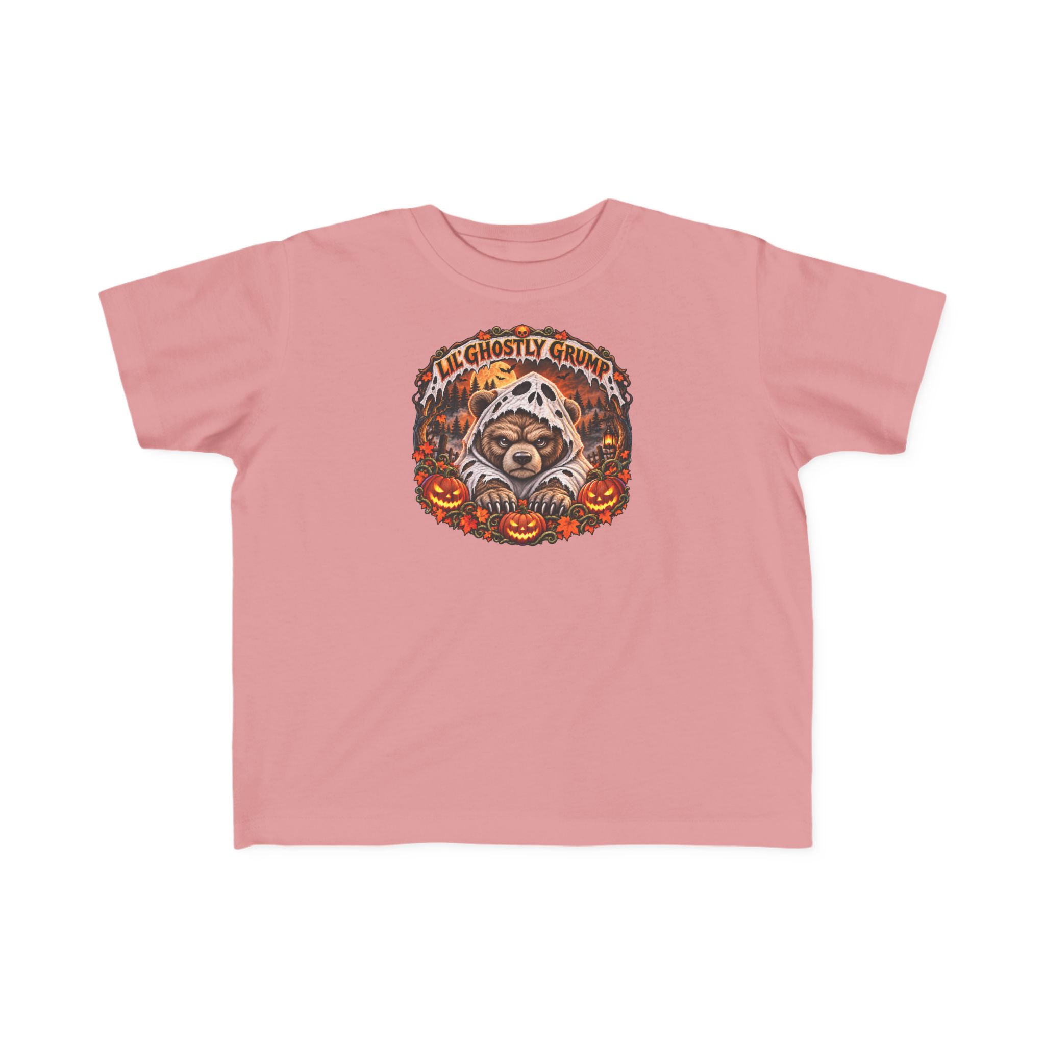 Lil’ Ghostly Grump Tee in Mauvelous, laid flat