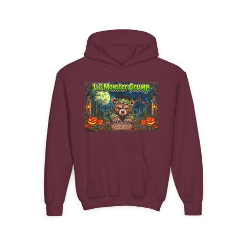 Lil’ Monster Grump Hoodie in Maroon, laid flat