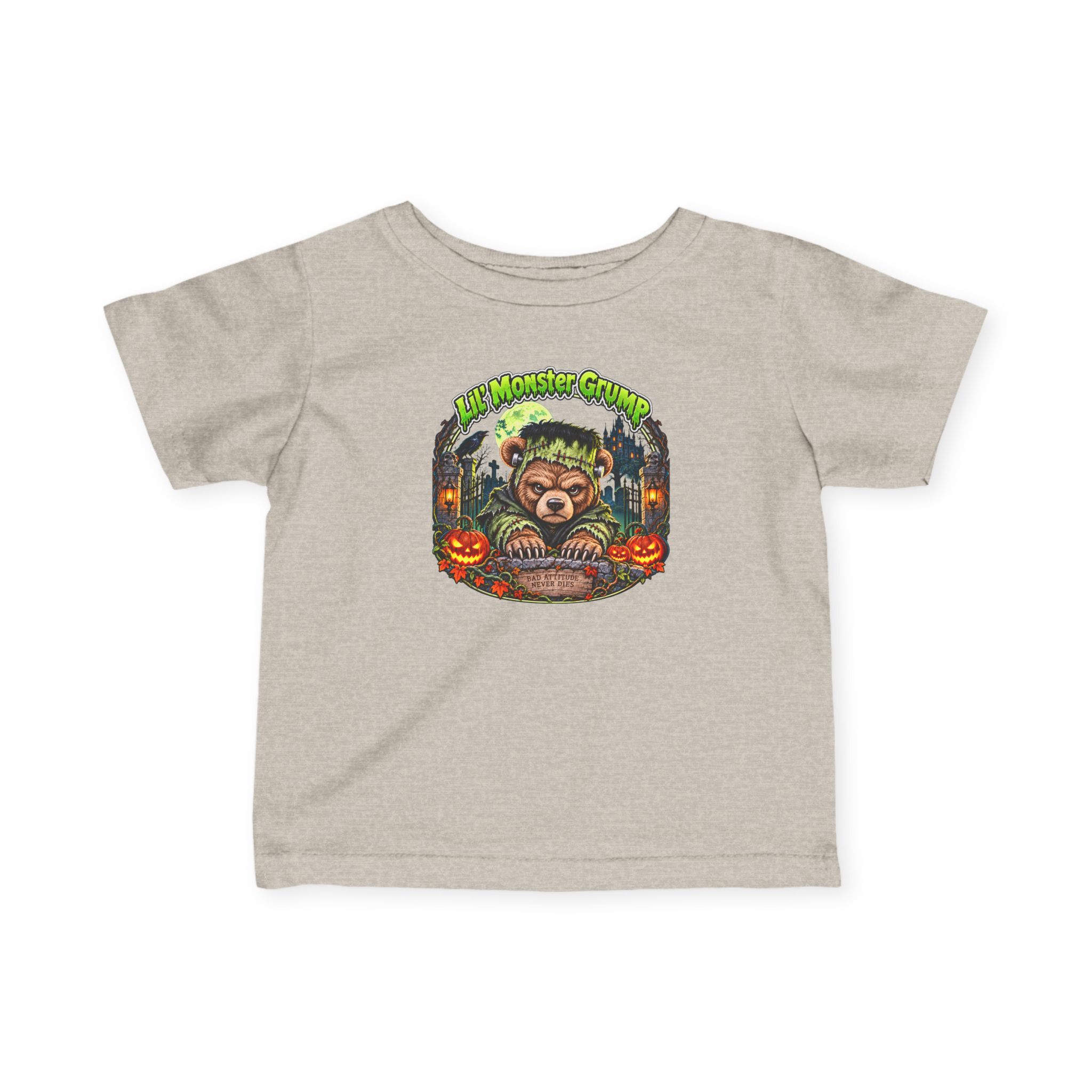 Lil' Monster Grump Tee in Natural Heather, laid flat