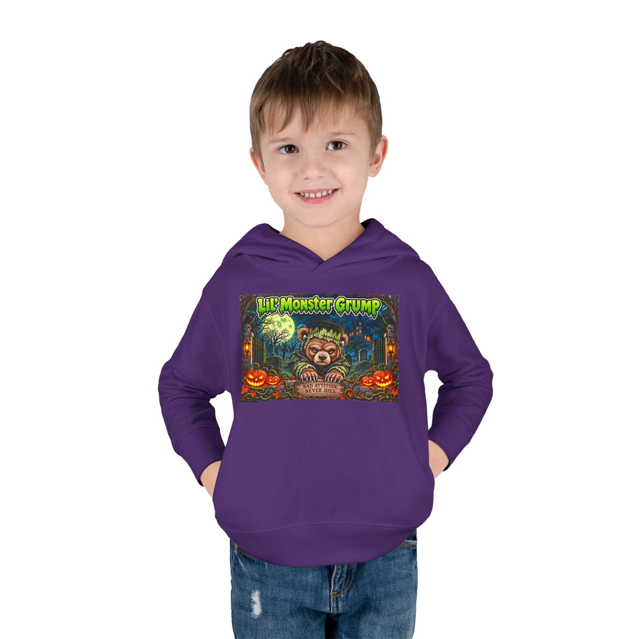 Lil’ Monster Grump Hoodie in Purple, worn, front view