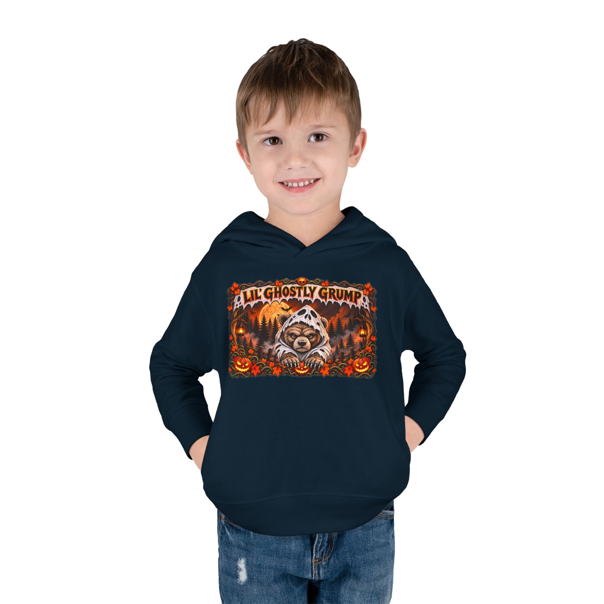 Lil’ Ghostly Grump Hoodie in Navy, worn, front view, second model