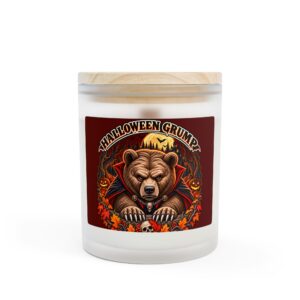 Halloween Grump Candle, 11oz frosted glass jar with wooden lid, front
