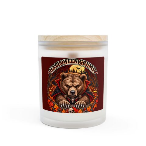 Halloween Grump Candle, 11oz frosted glass jar with wooden lid, front