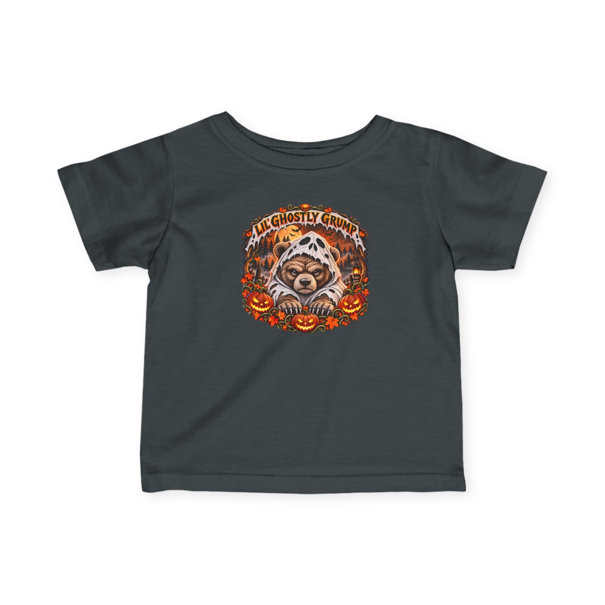 Lil’ Ghostly Grump Tee in Charcoal, laid flat