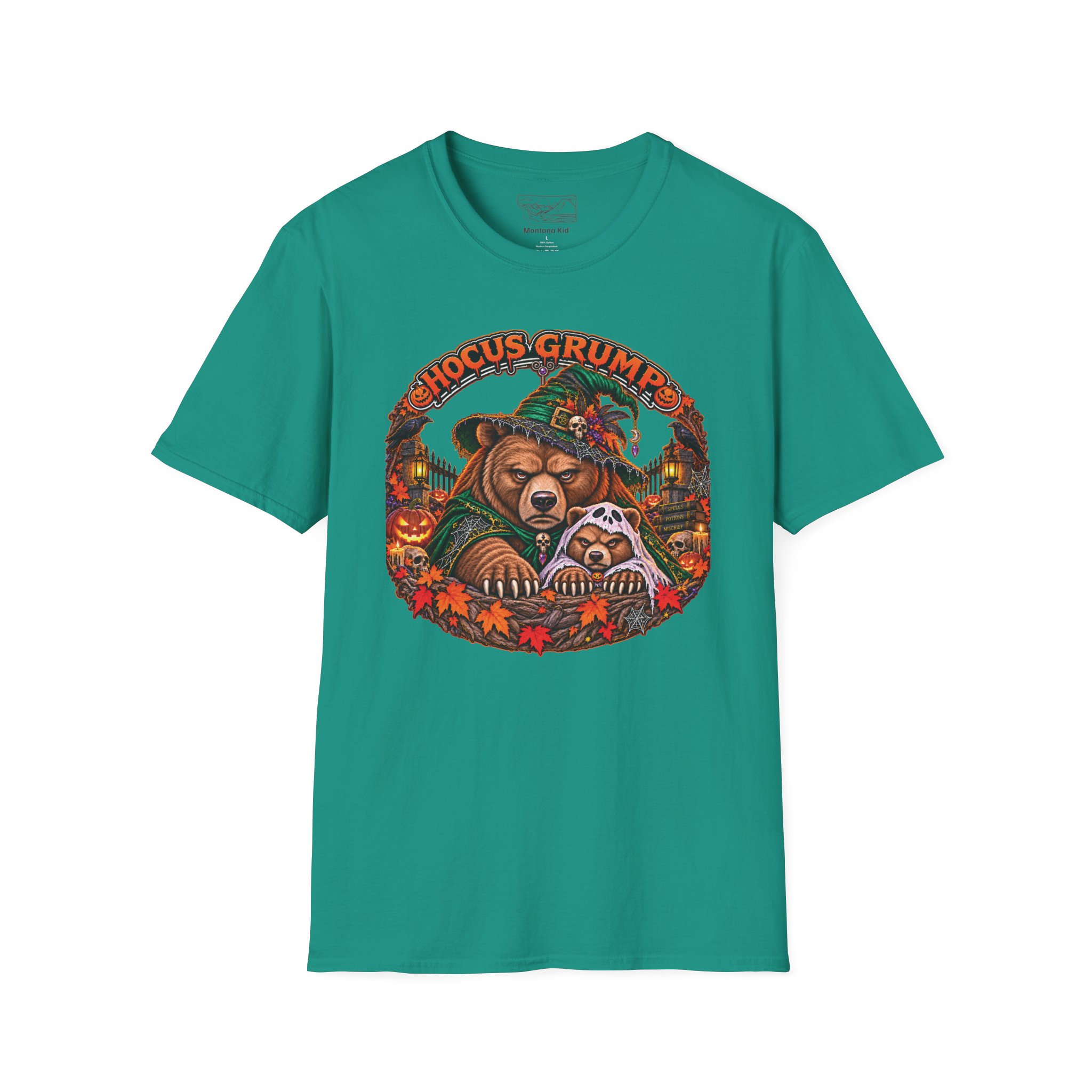 Hocus Grump Tee in Jade Dome, laid flat