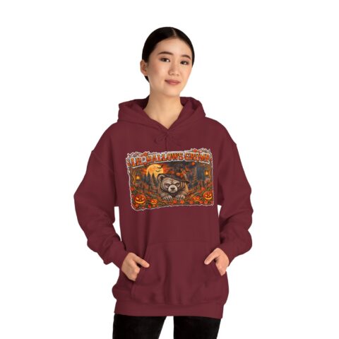 Lil’ Hallows Grump Hoodie in Garnet, worn, front view, second model