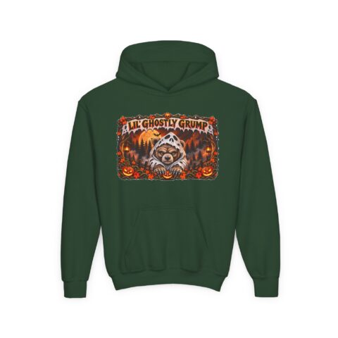 Lil’ Ghostly Grump Hoodie in Forest Green, laid flat