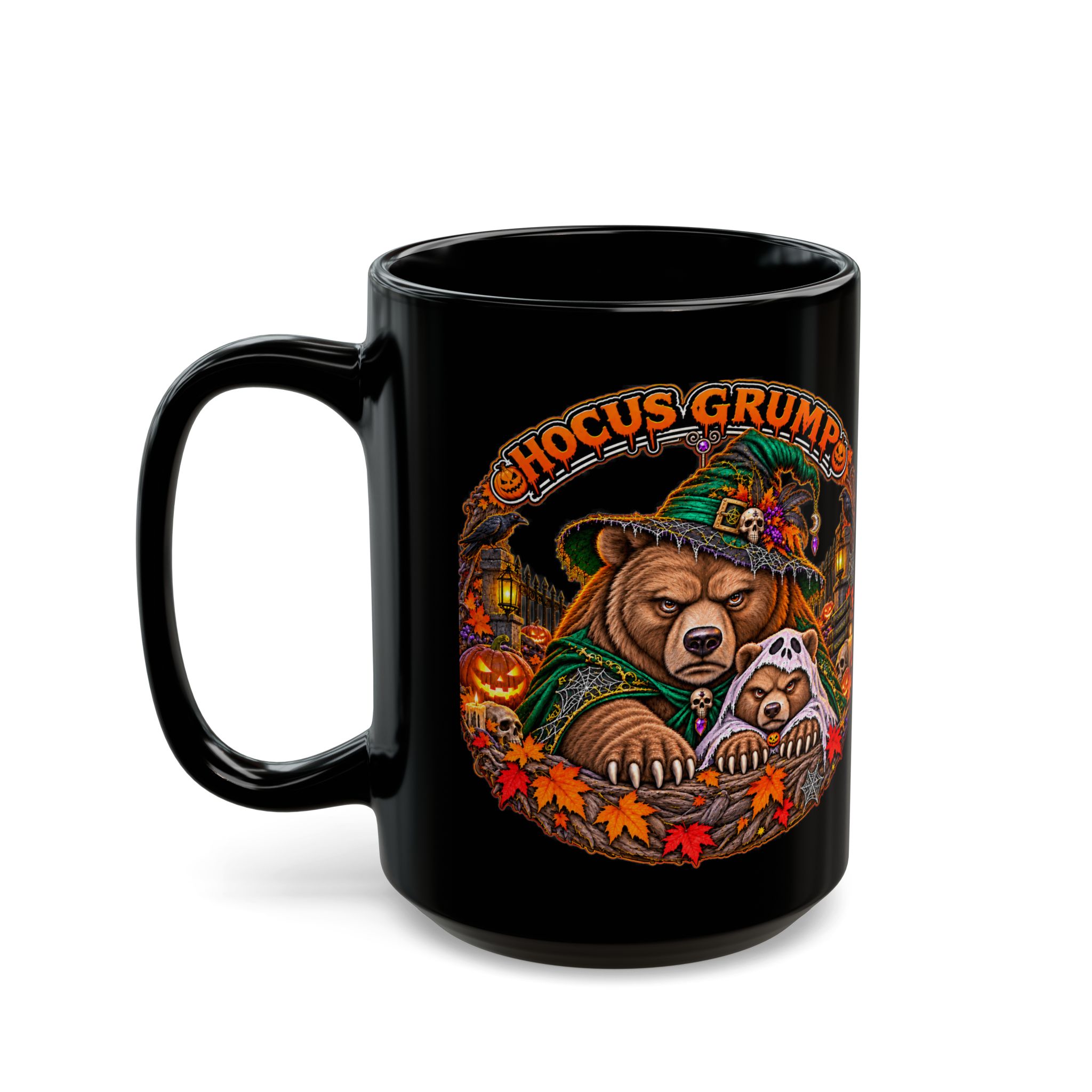 Hocus Grump Mug in black, second print with the handle on the left