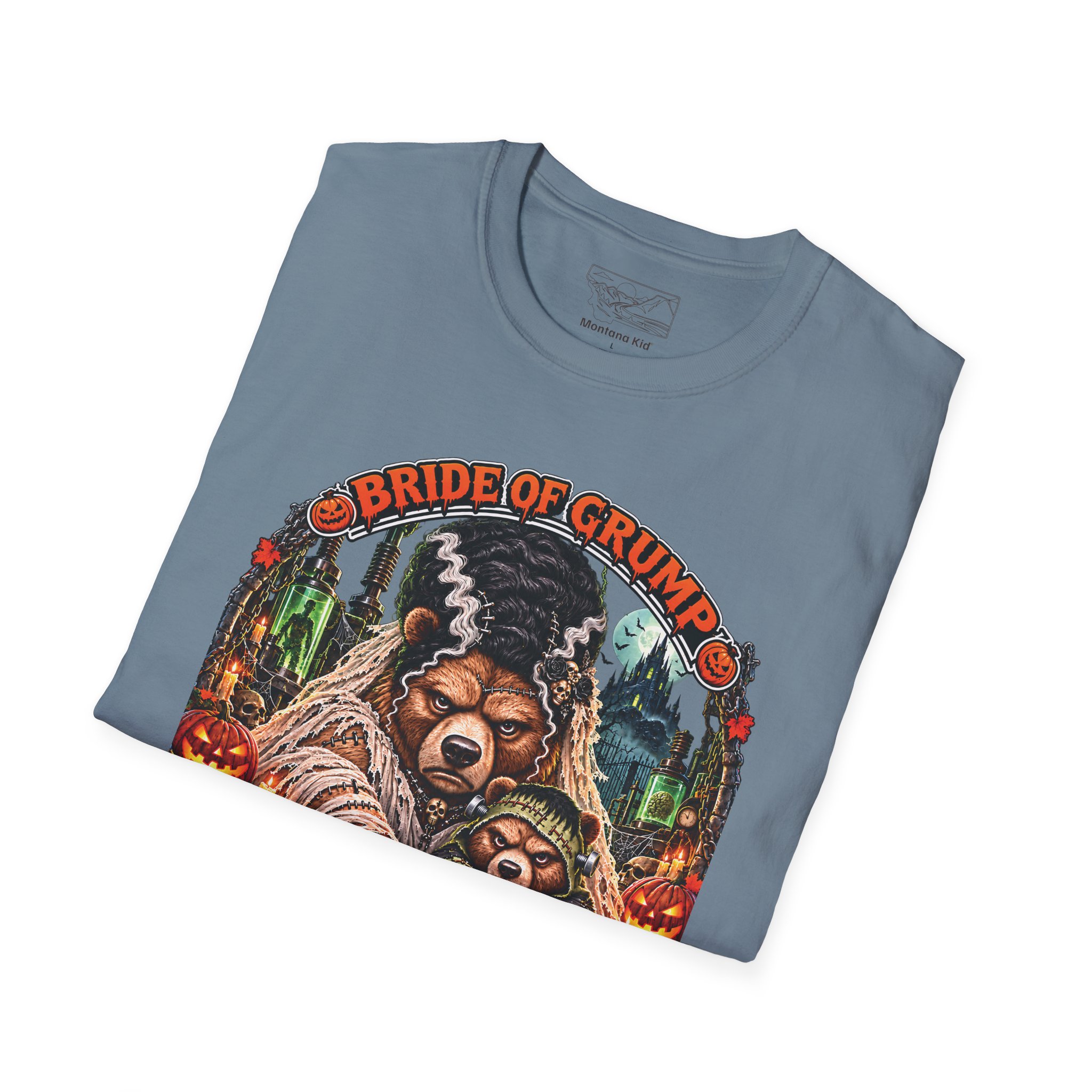 Bride of Grump Tee in Stone Blue, folded close-up