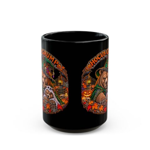 Hocus Grump Mug in black, handle at the back, design printed on both sides