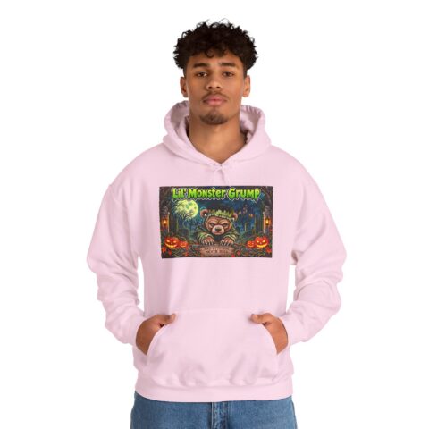 Lil’ Monster Grump Hoodie in Light Pink, worn, front view