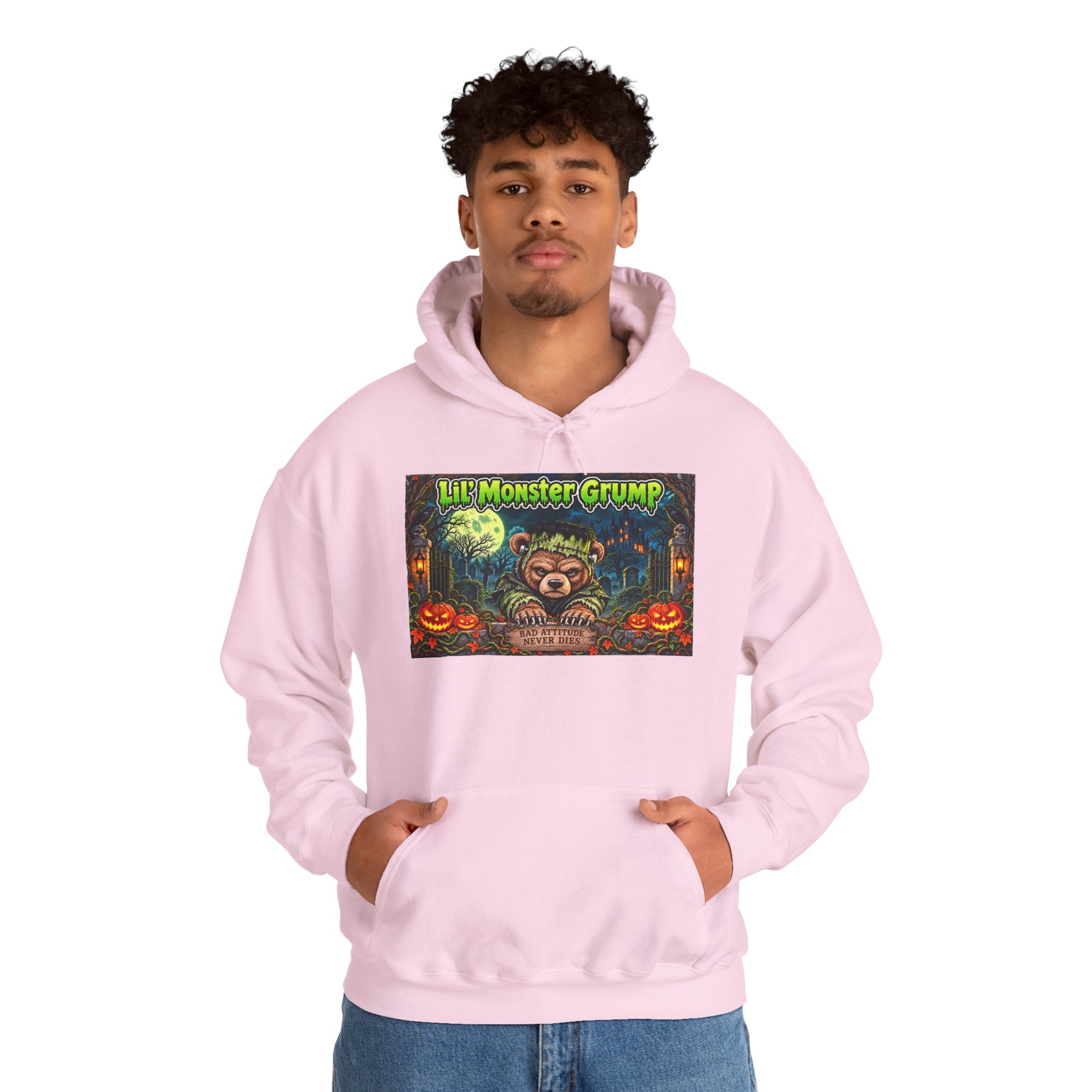 Lil’ Monster Grump Hoodie in Light Pink, worn, front view
