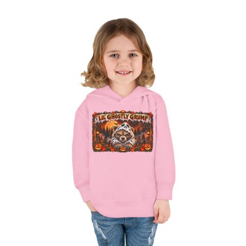 Lil’ Ghostly Grump Hoodie in Pink, worn, front view