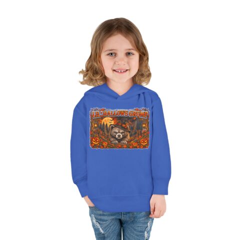 Lil’ Hallows Grump Hoodie in Vintage Royal, worn, front view