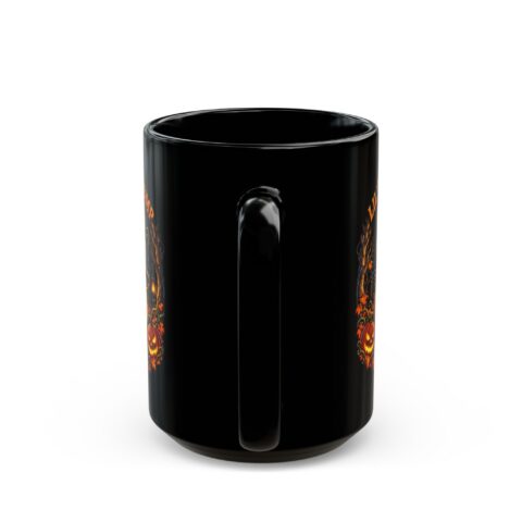 Lil' Hallows Grump Mug in black, handle facing the camera