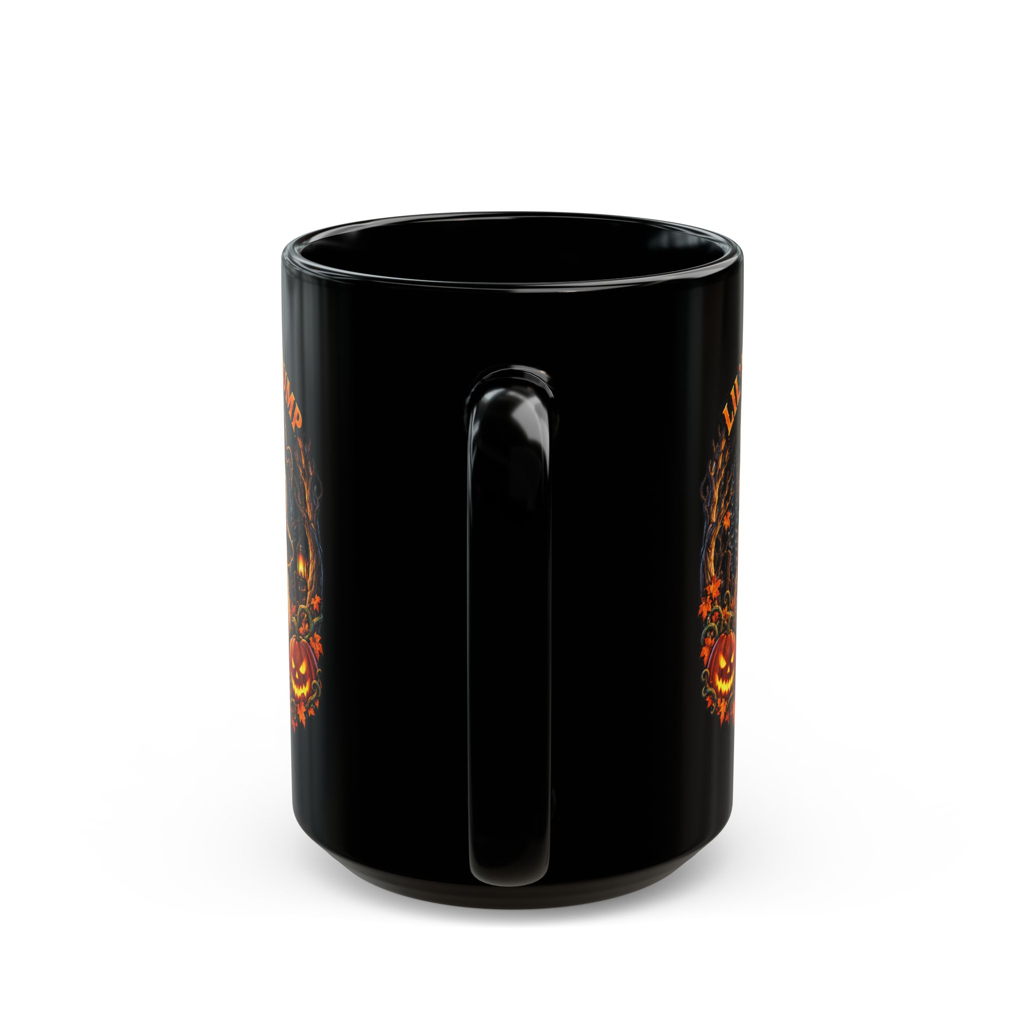 Lil' Hallows Grump Mug in black, handle facing the camera
