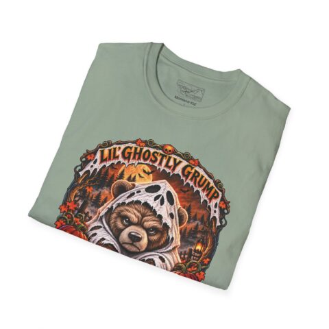 Lil’ Ghostly Grump Tee in Sage, folded close-up