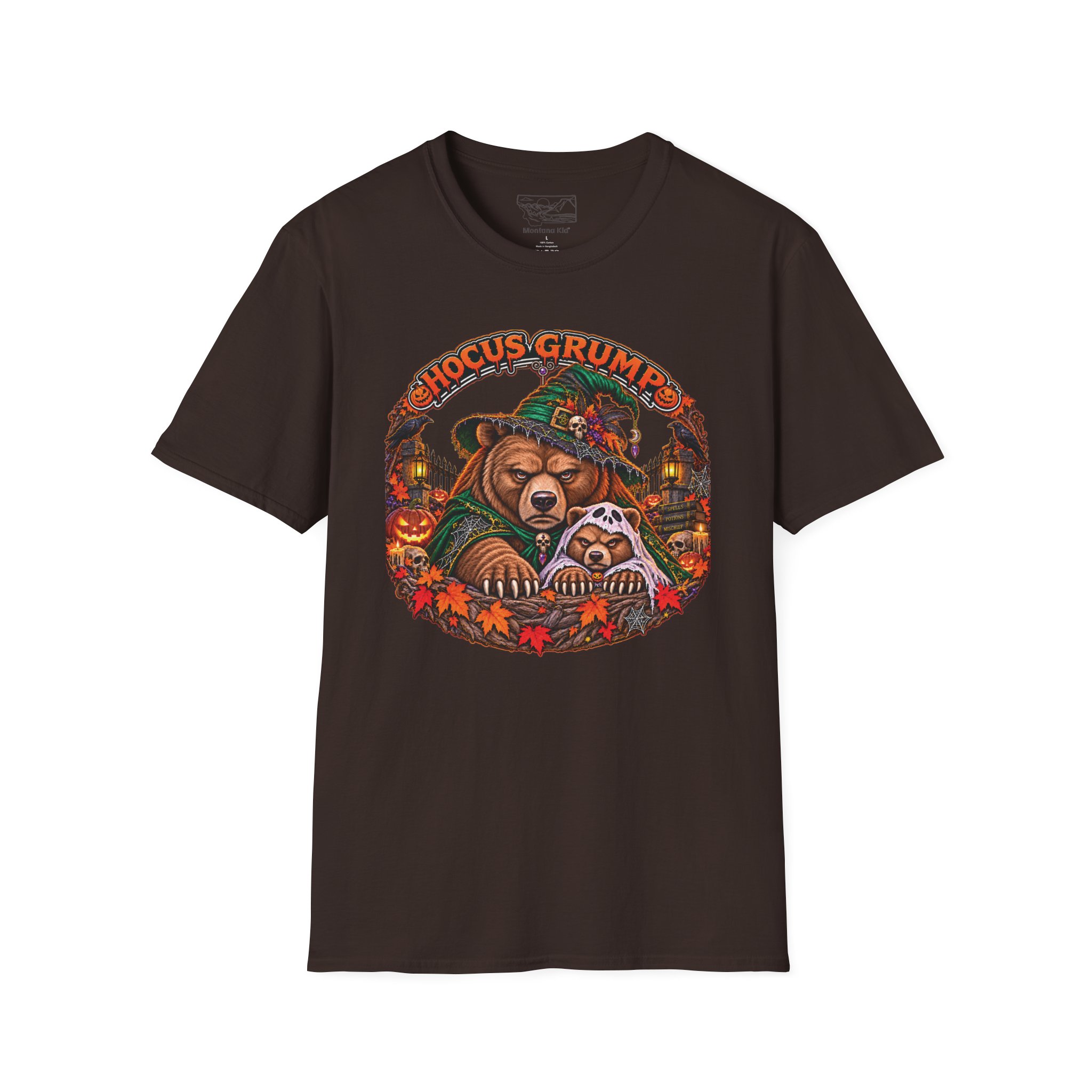 Hocus Grump Tee in Dark Chocolate, laid flat