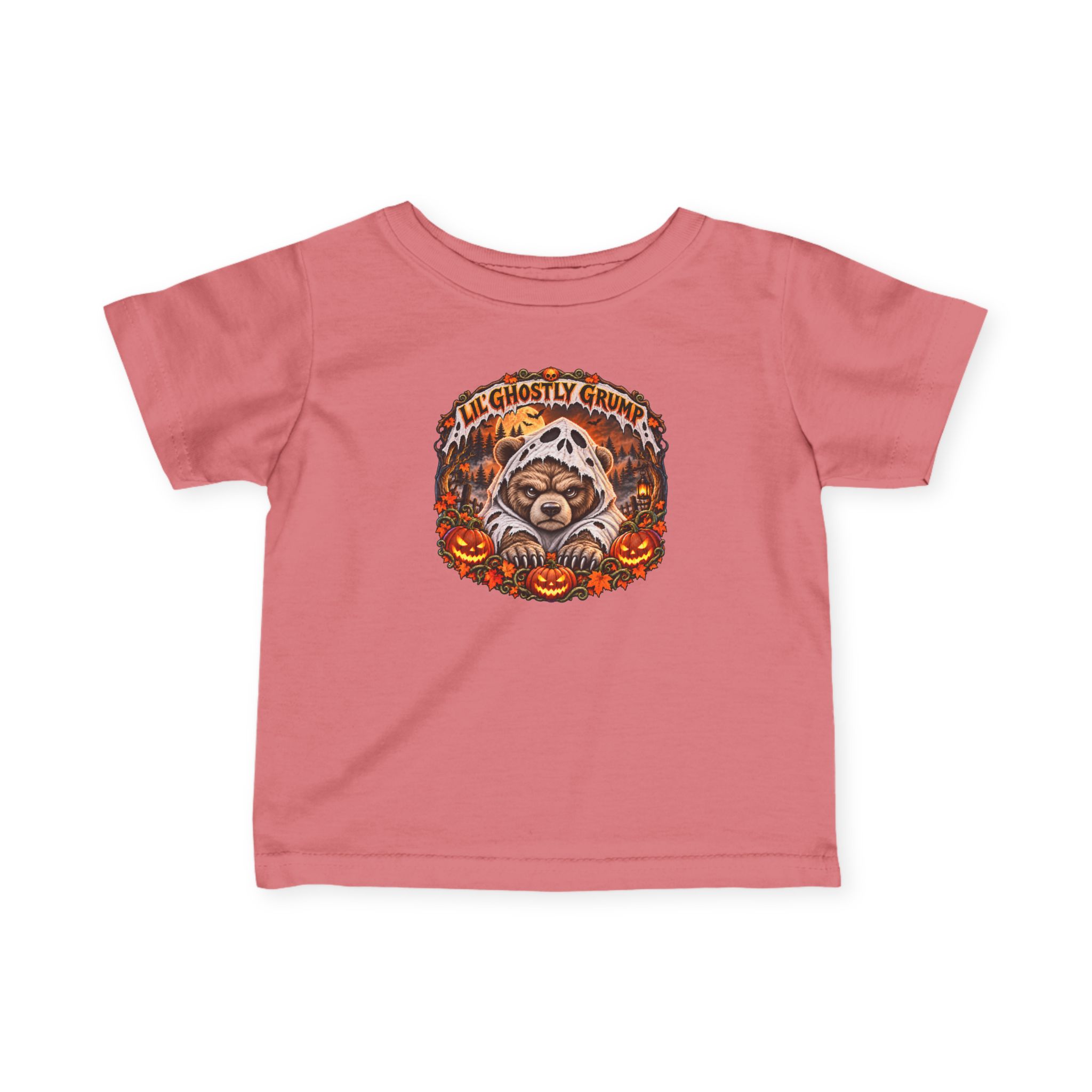 Lil’ Ghostly Grump Tee in Mauvelous, laid flat