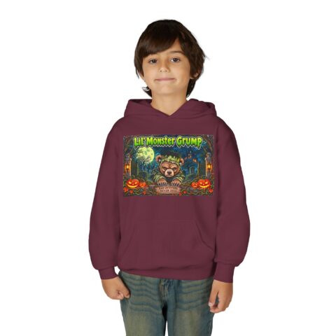 Lil’ Monster Grump Hoodie in Maroon, worn, front view