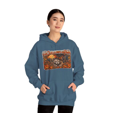 Lil’ Hallows Grump Hoodie in Indigo Blue, worn, front view