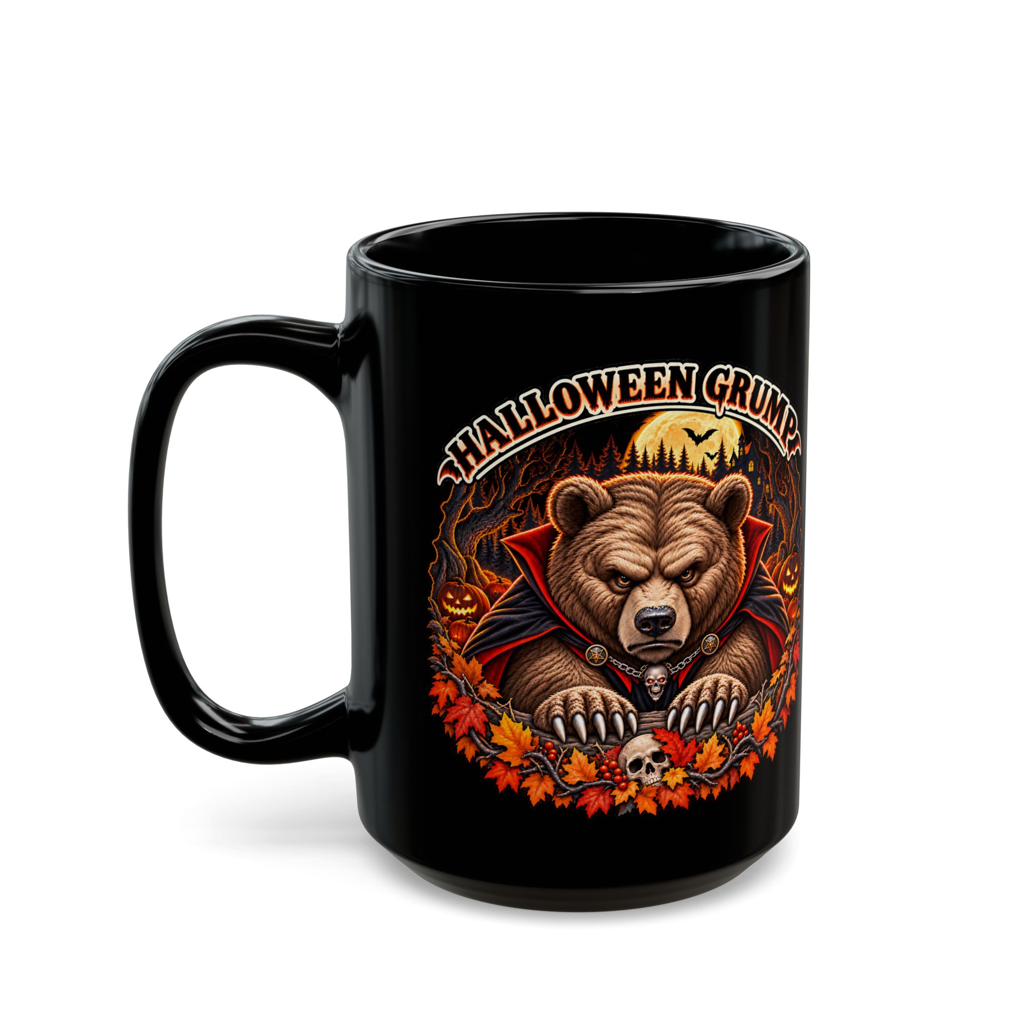 Halloween Grump Mug in black, second print with the handle on the left
