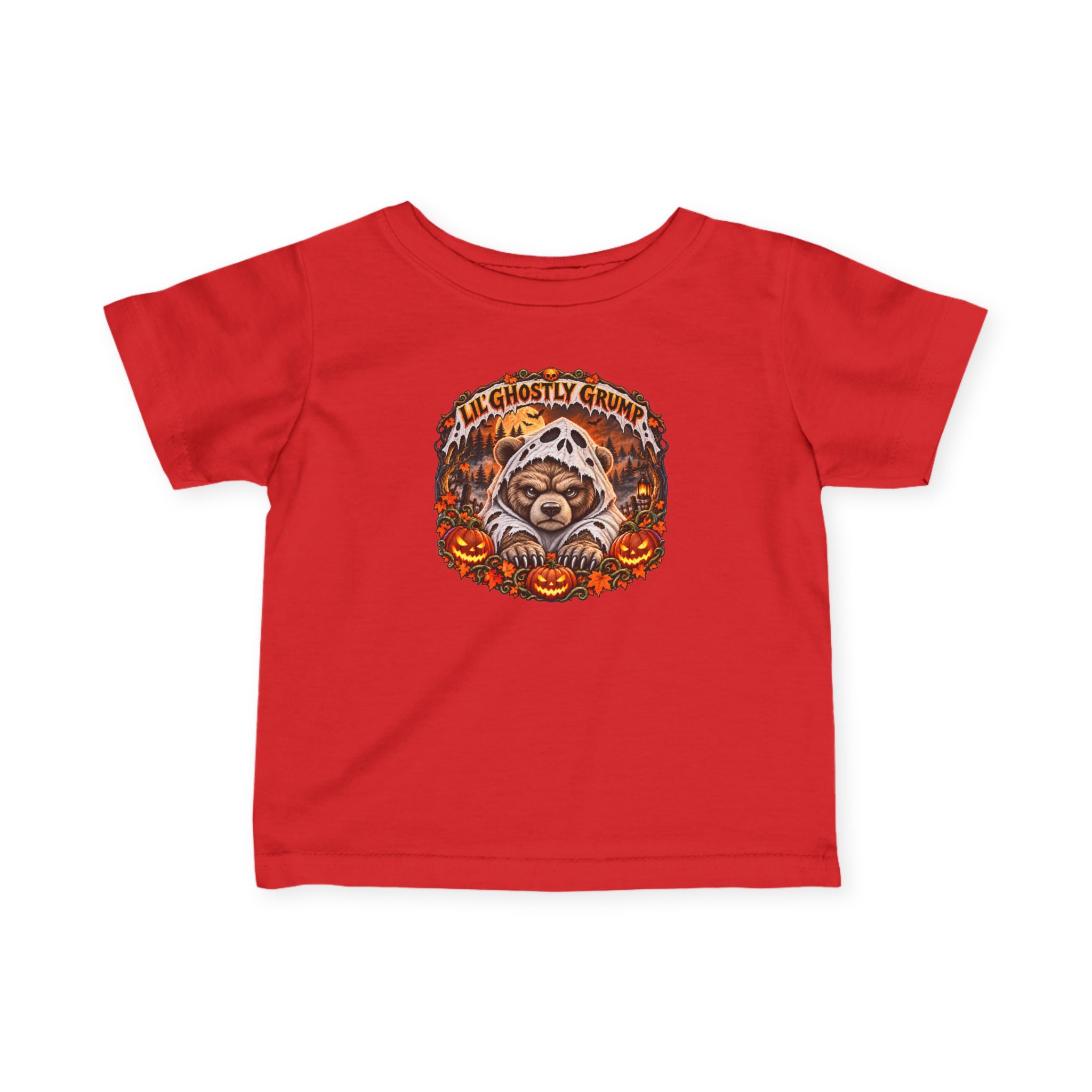 Lil’ Ghostly Grump Tee in Red, laid flat