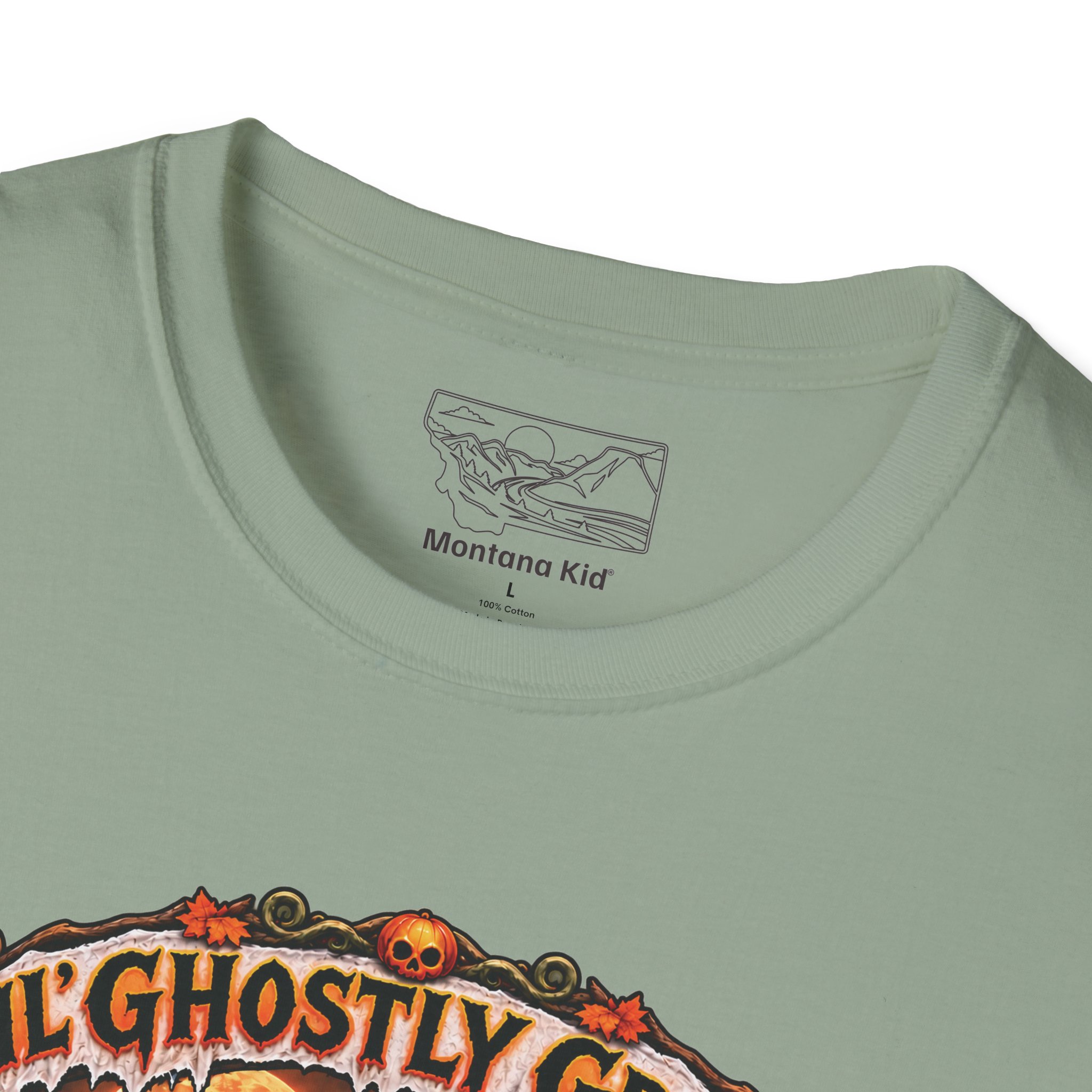 Lil’ Ghostly Grump Tee in Sage, collar and neck label close-up