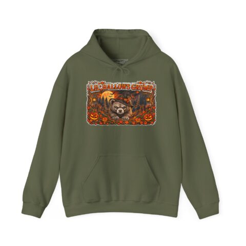 Lil’ Hallows Grump Hoodie in Military Green, laid flat