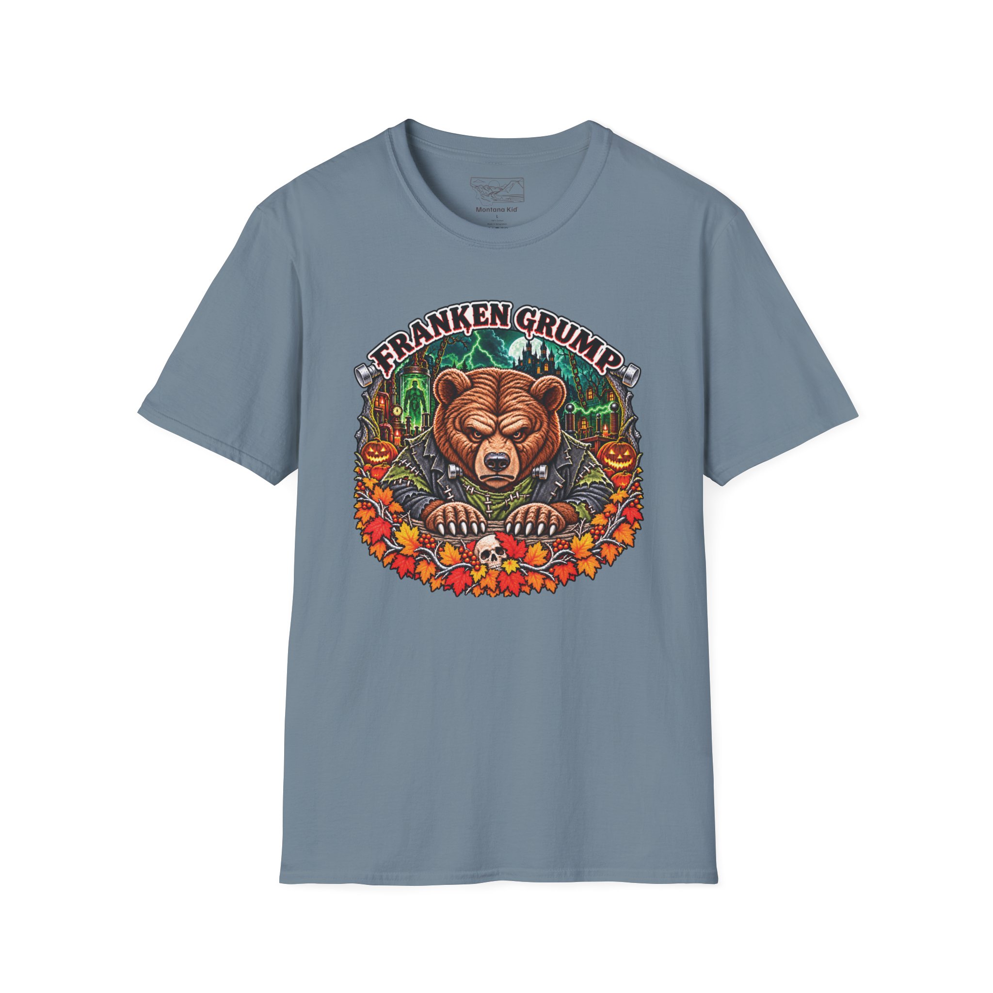 Franken Grump Tee in Stone Blue, laid flat