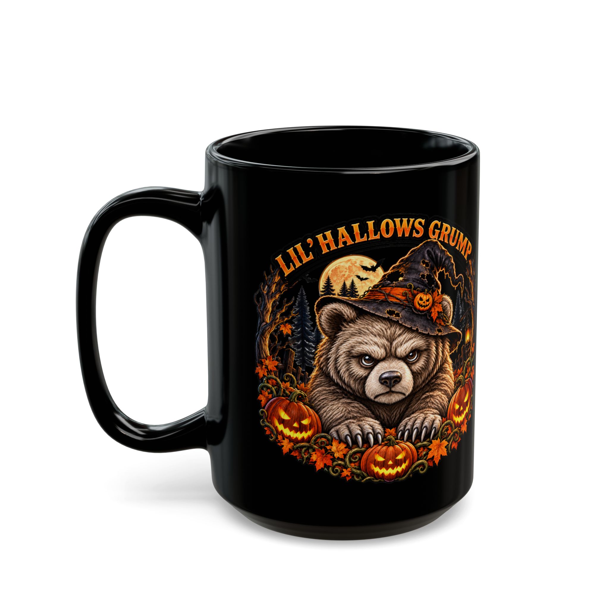 Lil' Hallows Grump Mug in black, second print with the handle on the left