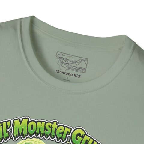 Lil' Monster Grump Tee in Sage, collar and neck label close-up
