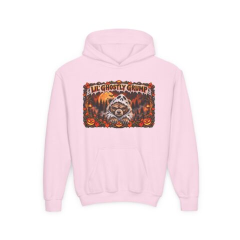 Lil’ Ghostly Grump Hoodie in Light Pink, laid flat