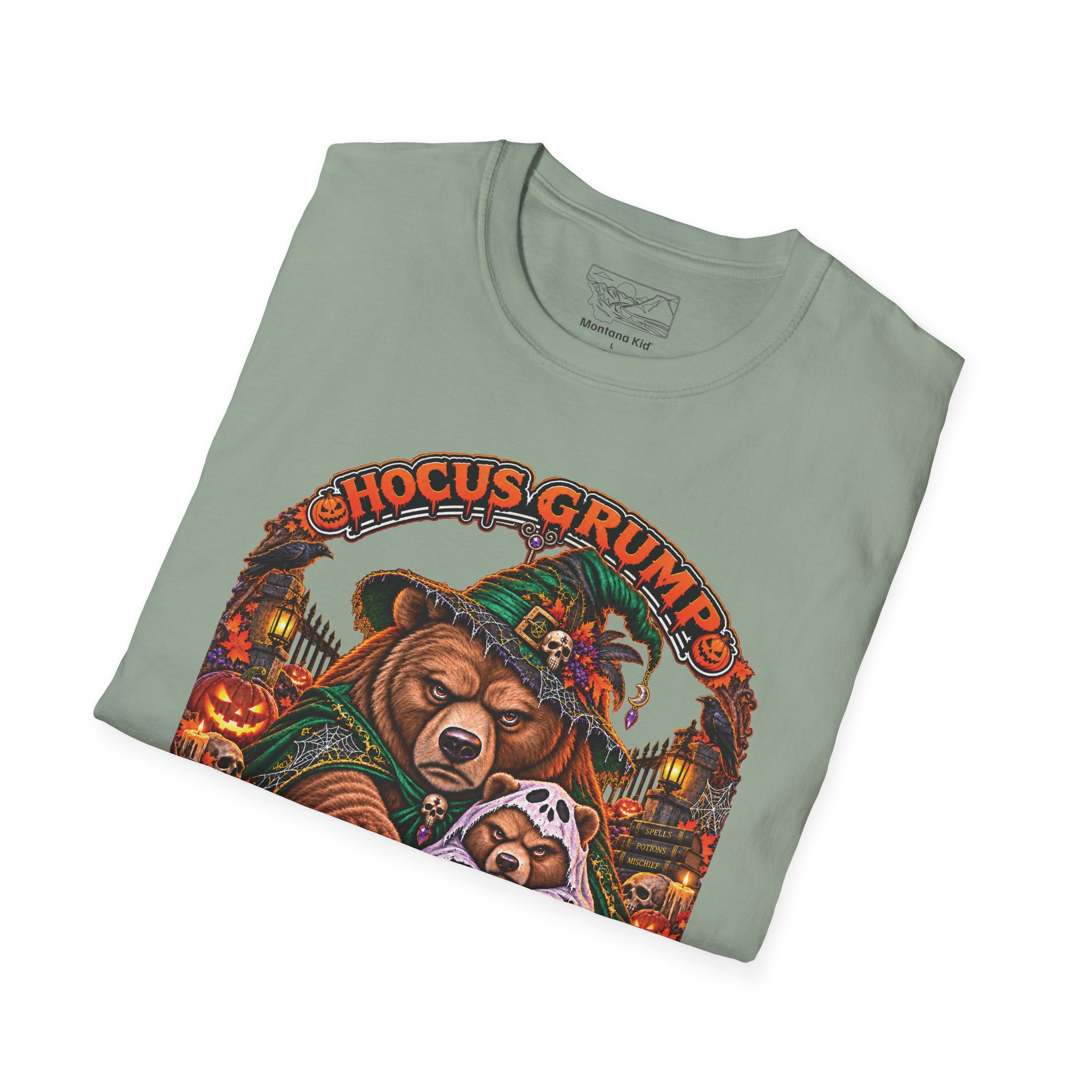 Hocus Grump Tee in Sage, folded close-up