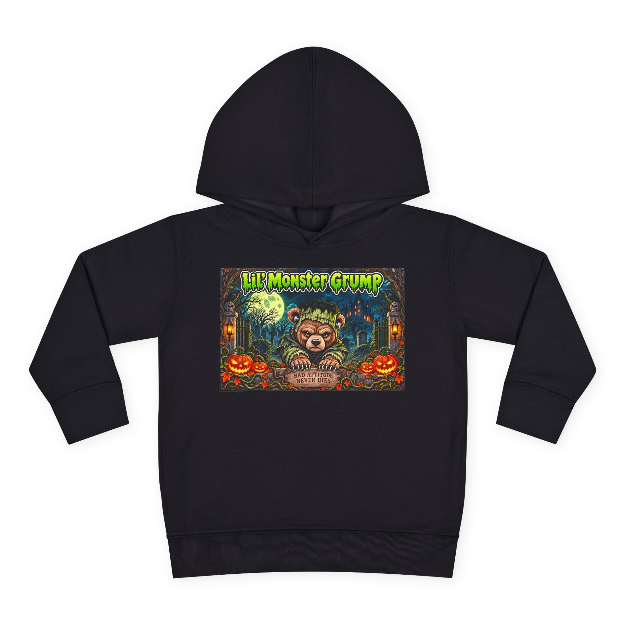 Lil’ Monster Grump Hoodie in Black, laid flat