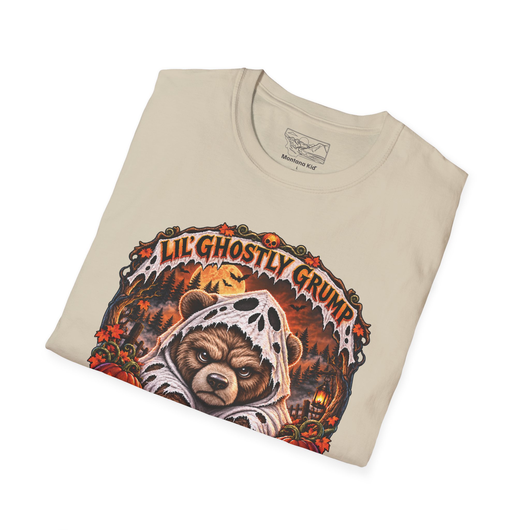 Lil’ Ghostly Grump Tee in Sand, folded close-up