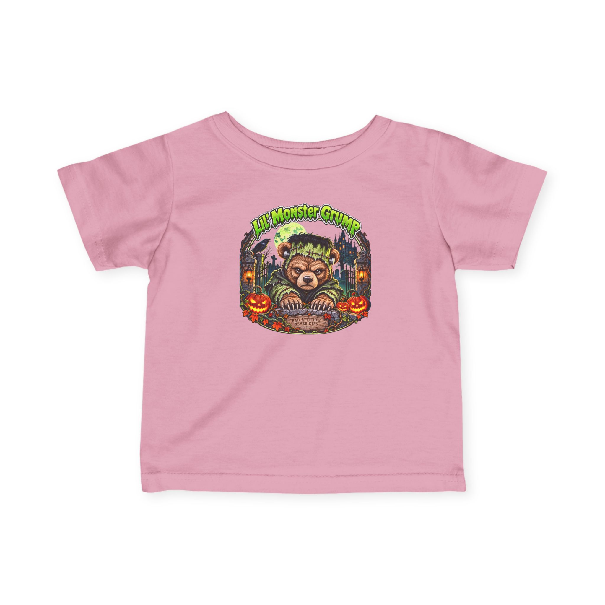 Lil' Monster Grump Tee in Pink, laid flat