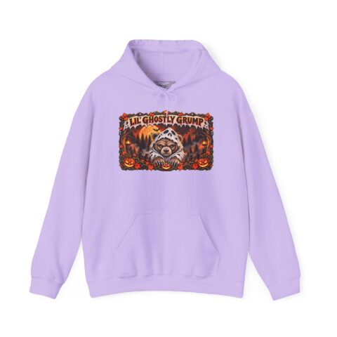Lil’ Ghostly Grump Hoodie in Orchid, laid flat